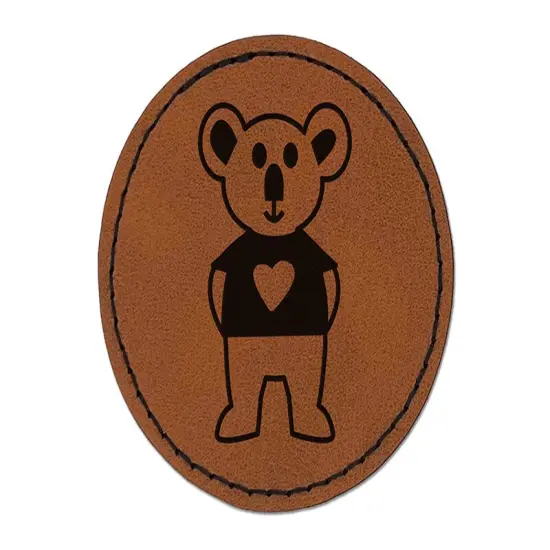 Koala in Heart Shirt Round Iron-On Engraved Faux Leather Patch Applique - 2.5" Brown {1}