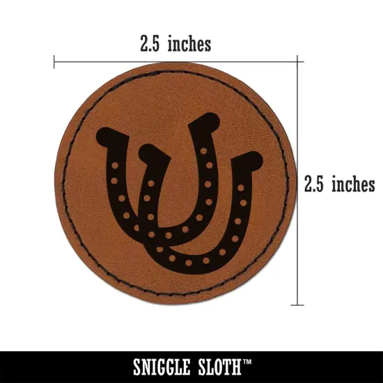 Double Horseshoe Lucky Round Iron-On Engraved Faux Leather Patch Applique - 2.5" Brown {3}