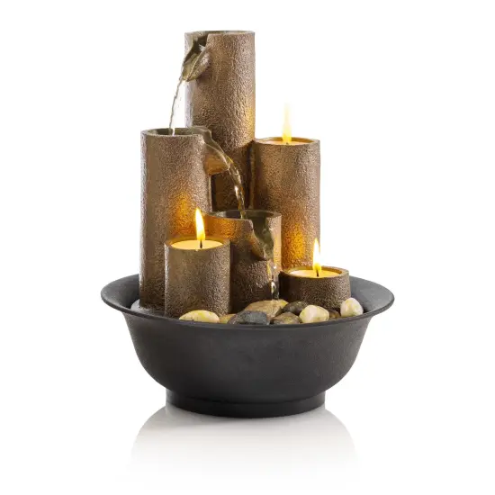 Indoor Tabletop Tiered Water Fountain Featuring 3 Candles for Desktop and Table, 11", Brown {4}