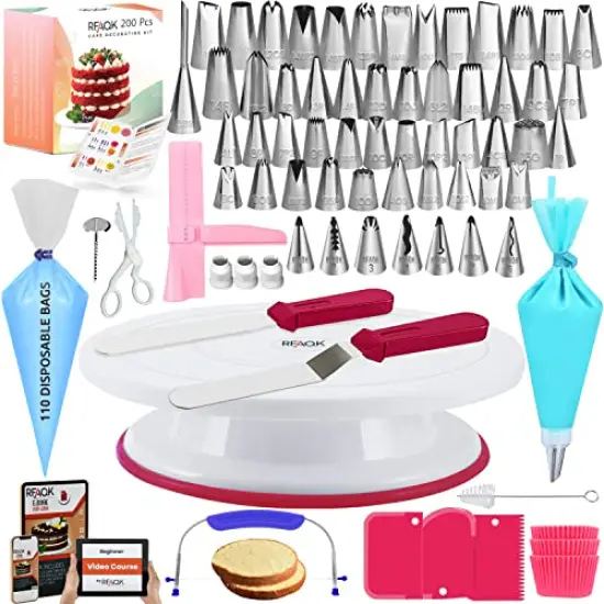 200 Pieces Gift For Women-Cake Decorating Supplies Kit for Beginners RFAQK - Turntable with 48 Numbered Piping &7 Korean Tips(Pattern chart included)-Straight & Offset Spatula-Leveler &Baking tools {2}