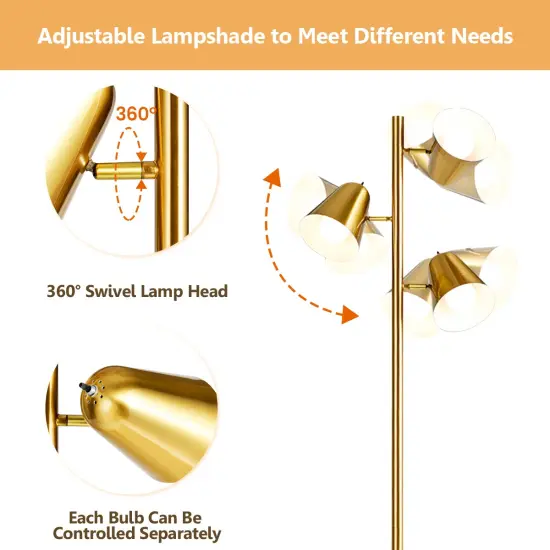 64 Inch 3-Light LED Floor Lamp Reading Light for Living Room Bedroom Golden {5}