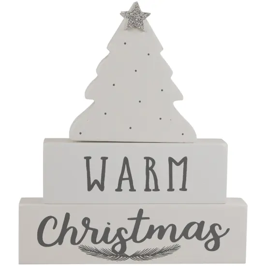 Northlight Star Topped Tree "Merry Christmas" Wooden Block Decoration - 6.75" White {6}