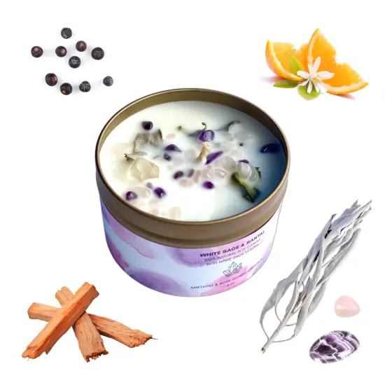 1 Pack White Sage Smudge Candle with Rose Quartz and Amethyst Gemstone Crystals 100% Natural Soy Wax Scented with Essential and Fragrance Oils {1}