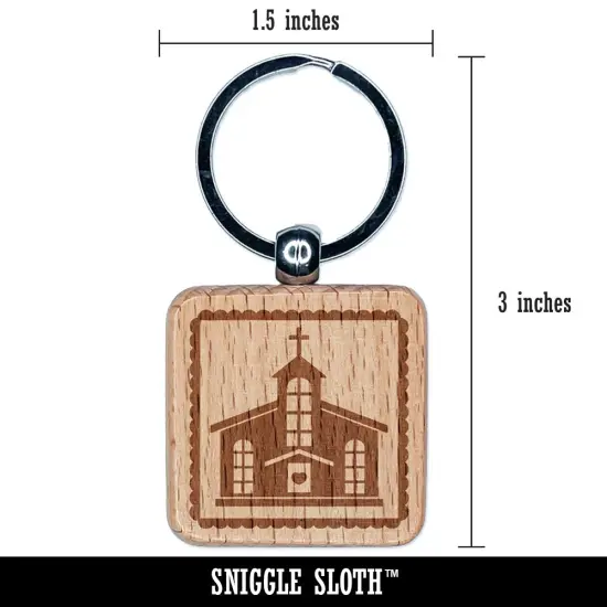 Holy Chapel Church Silhouette on Scalloped Square Border Engraved Wood Square Keychain Tag Charm {2}