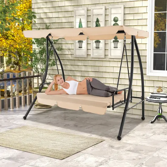 2-Seat Outdoor Convertible Swing Chair with Flat Bed and Adjustable Canopy-Beige {4}