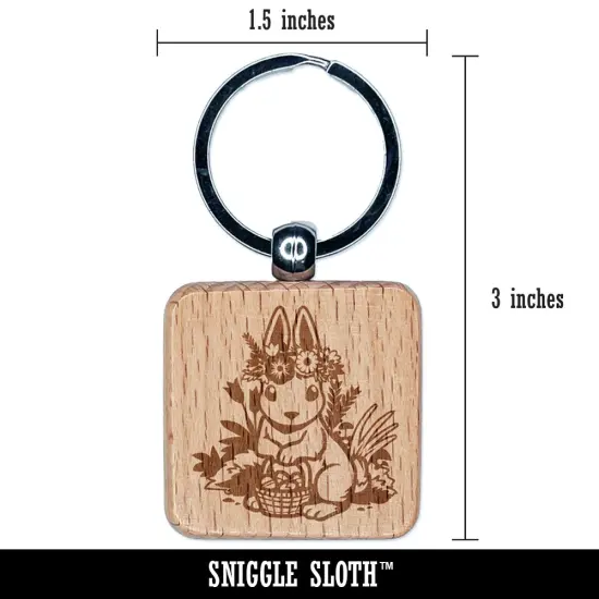 Cute Easter Bunny with Eggs and Flower Crown Engraved Wood Square Keychain Tag Charm {2}