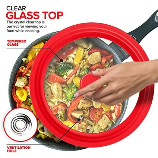 (Set of 2)Universal LidsFits 7 to 12-Inch Cookware, Silicone Replacement Pan Lid, Glass Top Covers for Skillets, Pots, Frying Pans, Cast Iron - Red {5}