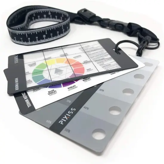 Pixiss Photography Cards and Measuring Lanyard (9 Pack) - Gray Scale Value Finder, Color Wheel, and Scene Composition Flash Cards with Measuring Tape Lanyard {6}