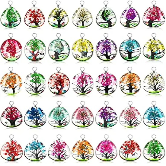 36 Pieces Lacework Transparent Resin Beads Necklace Pendant Mixed Colors Dried Flower Tree Resin Bead Pendant Charm Beads Bracelet Making Kit for Girls DIY Jewelry Crafts (Drop Shape, Oval Shape) {1}