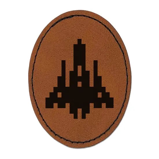 Retro Invaders from Space Rocket Ship Round Iron-On Engraved Faux Leather Patch Applique - 2.5" Brown {1}