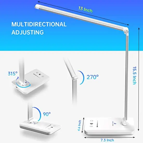LED Desk Lamp with USB Charging Port, Dimmable Eye-Caring Reading Desk Light for Home, with 5 Brightness Level & 3 Lighting Modes, Touch Control, Auto Timer (White) {6}