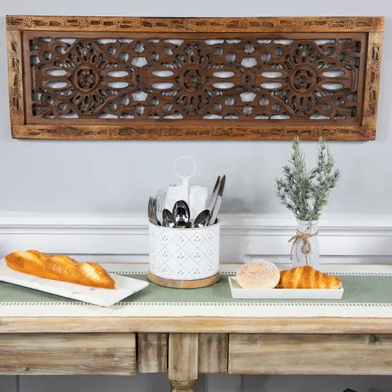 Northlight 7" White Round Embossed Utensil Caddy with Wooden Base {4}