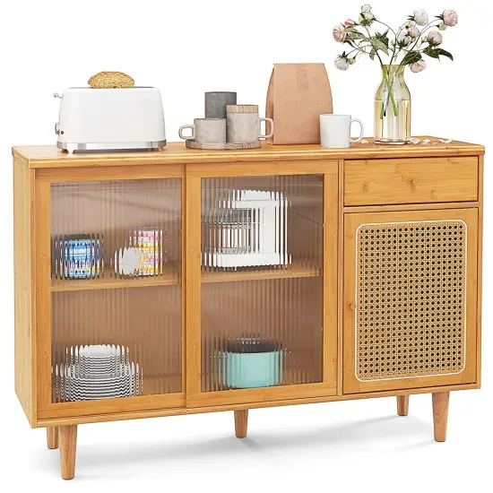 Costway Buffet Sideboard Cabinet Rattan Console Table with Sliding Doors Storage Drawer {1}