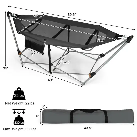 Outdoor Folding Hammock Bed with Breathable Fabric Metal Frame and Side Pocket Storage Grey {5}