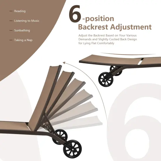 Adjustable Outdoor Chaise Lounge Chair with Wheels &ndash; Steel Frame, Breathable Fabric Brown {5}