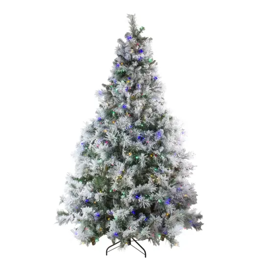Northlight 7.5' Pre-Lit LED Lights Flocked Victoria Pine Artificial Christmas Tree - Multicolor Light Options Green {3}