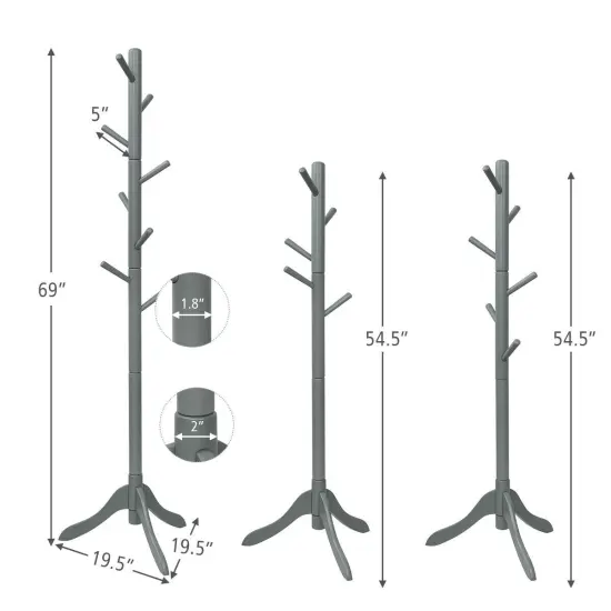 Adjustable Wooden Tree Coat Rack with 8 Hooks Grey {4}