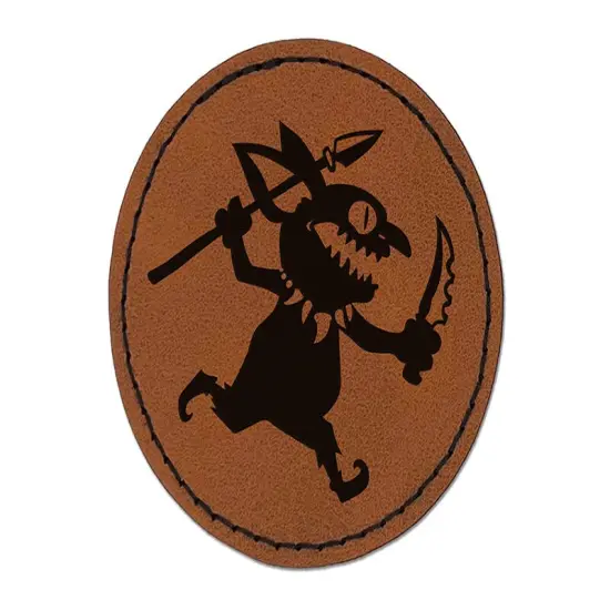 Dungeon Goblin Spear Dagger Round Iron-On Engraved Faux Leather Patch Applique - 2.5" Brown {1}