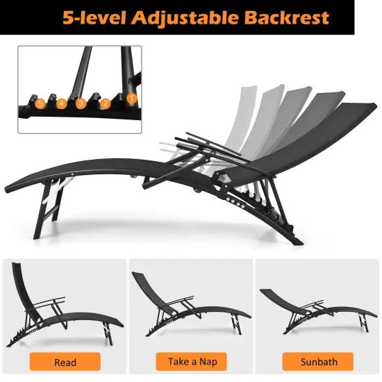 2 Pieces Patio Folding Stackable Lounge Chair Chaise with Armrest-Black {4}