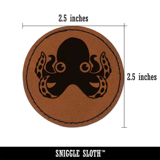 Cute Octopus Round Iron-On Engraved Faux Leather Patch Applique - 2.5" Brown {3}
