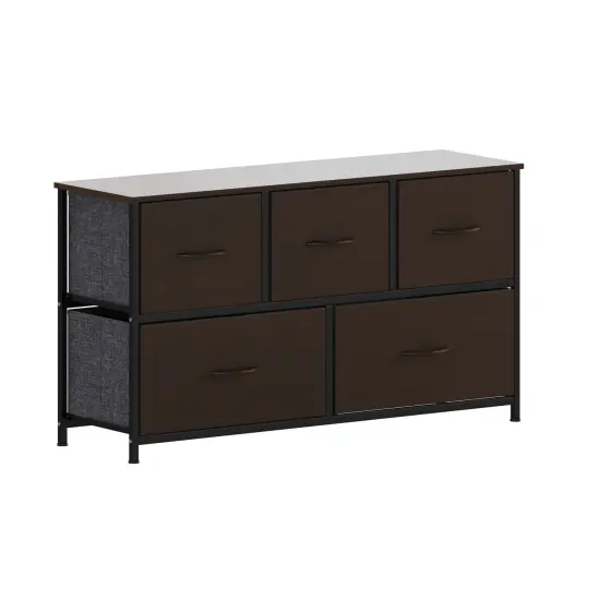 Emma and Oliver Marley 5 Drawer Storage Dresser with Cast Iron Frame, Wood Top, and Easy Pull Fabric Drawers with Wooden Handles BrownDrawer/Black {1}