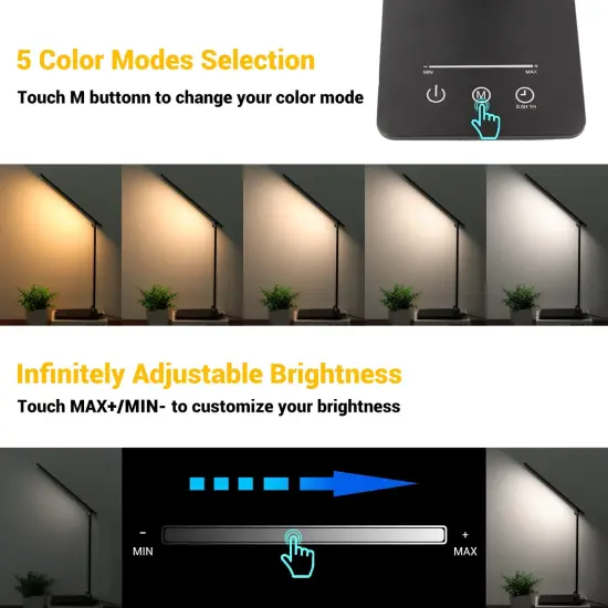 Desk Lamp, LED Desk Lamp, Desk Lamp for Home Office, 5 Color Modes Dimmable Desk Light, Desk Lamp with USB Charging Port, Office Lamp, Small Desk Lamps, Study Lamp, Reading Light, Table Lamp, Black {5}