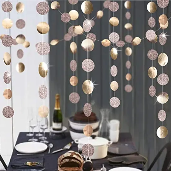4 strings of 13 feetGlitter Champagne Gold Decorations Paper Circle Dots Garland Party Streamers Bunting Backdrop Hanging Decor Banner/Wedding/Bachelorette/Bridal Shower/Christmas/New Year/Home/Engagement/ {1}
