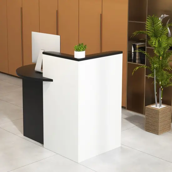 Front Reception Office Desk with Open Shelf and Lockable Drawer-Black & White {1}