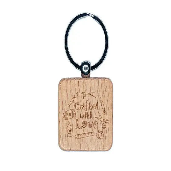 Crafted with Love Crafting Sewing Engraved Wood Square Keychain Tag Charm {1}