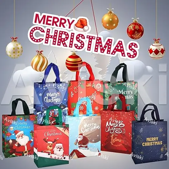 8 PCS Christmas Gift Bags,Christmas Tote Bags with Handles, Christmas Treat Bags, Multifunctional Non-Woven Christmas Bags for Gifts Wrapping Shopping, Xmas Party Supplies, 12.2×9.8×4.5inch {5}