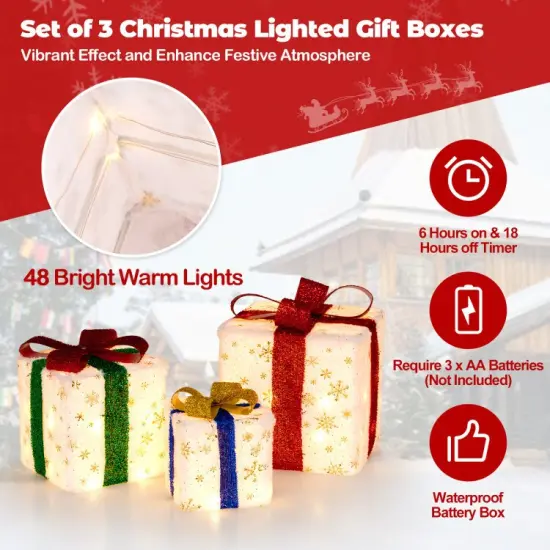 Set of 3 Christmas Lighted Gift Boxes with 48 Bright Warm Lights {3}