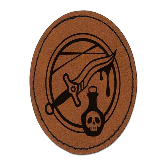 Rogue Poisoned Dagger Round Iron-On Engraved Faux Leather Patch Applique - 2.5" Brown {1}