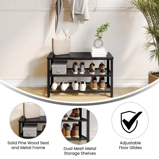 Emma and Oliver Isla 3-Tier Storage Bench with Metal Mesh Shelves for Entryway, Mudroom, or Bedroom Black Wash {2}