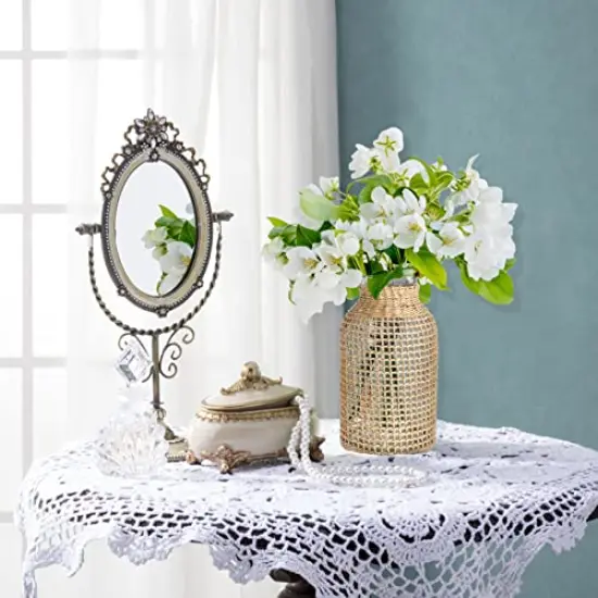 Boho Glass Flower Vase with Rattan Cover, Farmhouse Flower Bud Vase, Round Decorative Flower Vase Floral Container Flower Bottle for Floral Arrangements Housewarming Party Home Decor (L) {3}