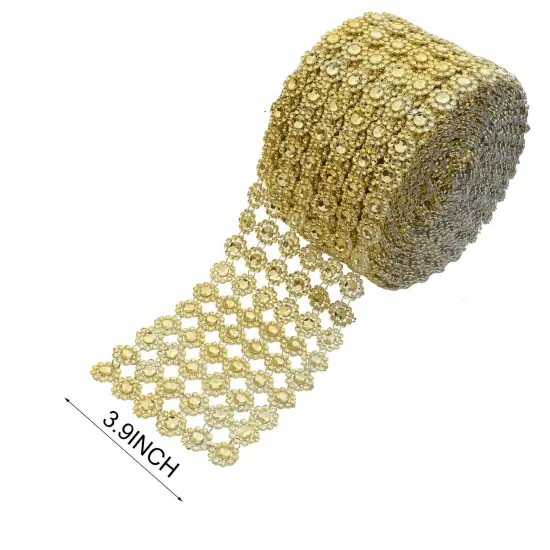 6 RowsCrafts Faux Diamond Bling Wrap 4" x 10 Yards Gold Flower Pattern Faux Rhinestone Crystal Mesh Ribbon Roll for Wedding, Party, Centerpiece, Cake, Vase Sparkling Decoration (Gold) {6}