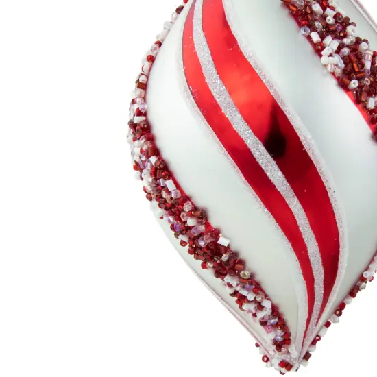 Northlight Set of 2 White and Red Glitter and Beads Striped Finial Glass Christmas Ornaments 5.5" {7}