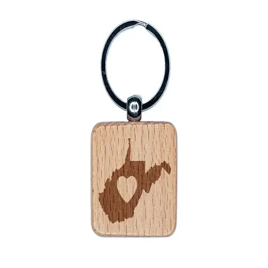 West Virginia State with Heart Engraved Wood Square Keychain Tag Charm {1}