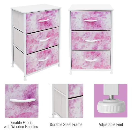 Sorbus Dresser with 3 Drawers - Bedside Furniture & Accent End Table Chest for Home, Bedroom Accessories, Office, College Dorm, Steel Frame, Wood Top, Fabric Drawers Tie Dye Pink {5}