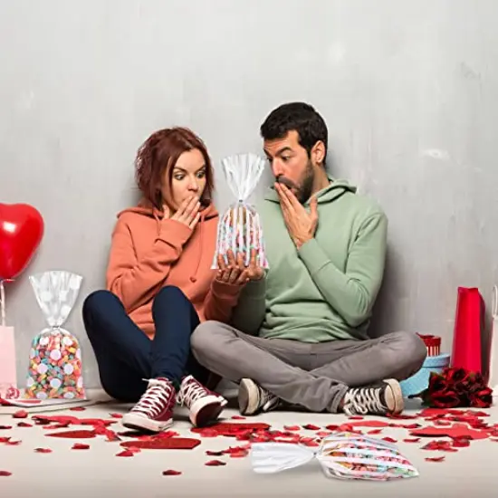 100 Pack White Cellophane Bags Plastic Candy Bags Gift Bags Goodie Bags with Twist Ties for Valentine, Birthday, Gift Cookie Snack Packing Party Favor Supplies {3}