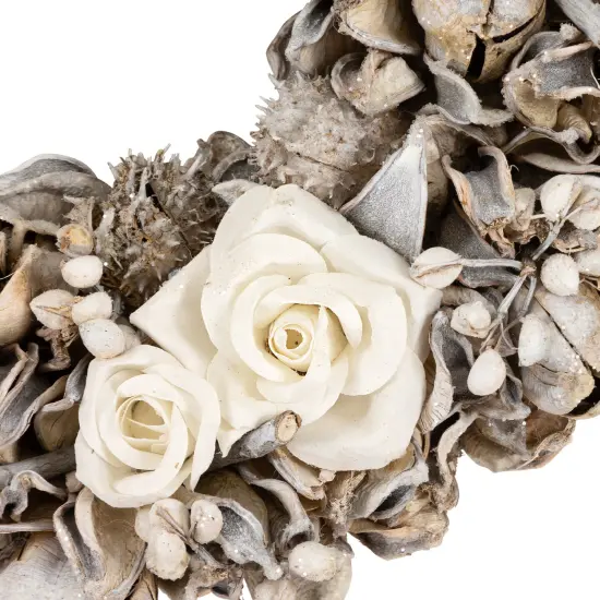 Northlight Glittered White Roses Winter Botanicals Artificial Christmas Wreath - 9.5" - Unlit Brown {4}