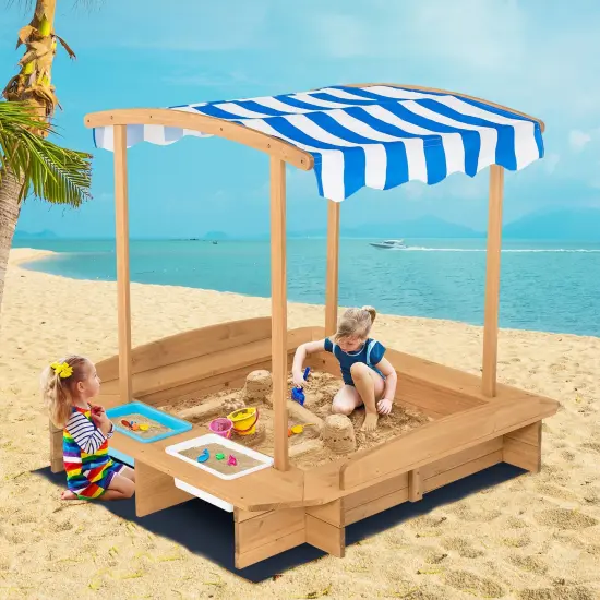 Kids Wooden Sandbox with Striped Canopy {6}