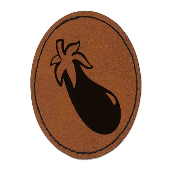 Eggplant Garden Vegetable Round Iron-On Engraved Faux Leather Patch Applique - 2.5" Brown {1}