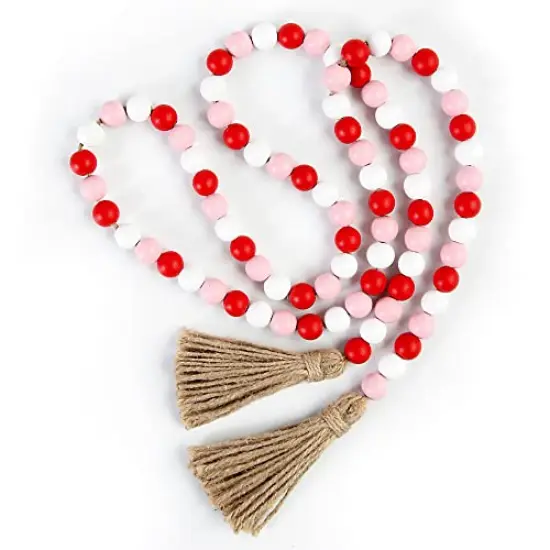 Valentine's Day Wood Bead Garland with Tassel,Rustic Wooden Bead Decor Farmhouse Beads Big Wall Hanging Decor (Pink/Red/White) {2}