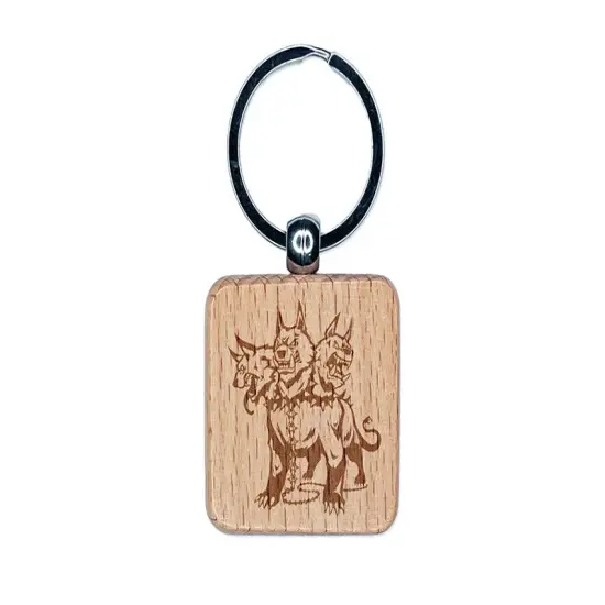 Cerberus Three Headed Hell Hound Dog Hades Greek Mythology Engraved Wood Square Keychain Tag Charm {1}