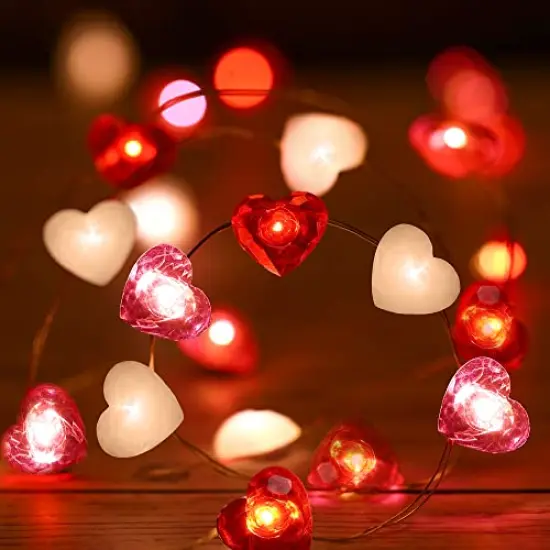 Fairy String Lights 10 Feet LED Red Pink White Heart Shaped Twinkle Fairy Lights 8 Modes Battery Operated for Valentine's Day Kids Bedroom Christmas Wedding Indoor Party Decor with Timer {2}