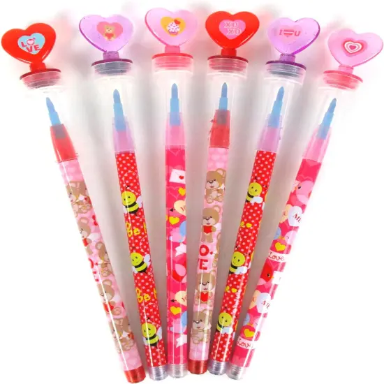 TINYMILLS 24 Pcs Valentine's Day 2 in 1 Stackable Stacking Crayon with Extra Stamper Topper, Valentine's Day Party Favors, Goodie Bag Stuffers, Valentine's Day Classroom Exchange {2}