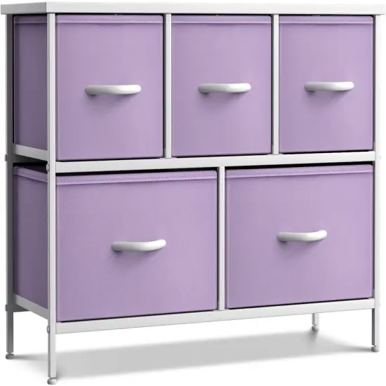 Sorbus Dresser with 5 Drawers - Storage Chest Organizer Unit with Steel Frame, Wood Top, Easy Pull Fabric Bins - Long Wide TV Stand for Bedroom Furniture, Hallway, Closet & Office Organization Purple {1}