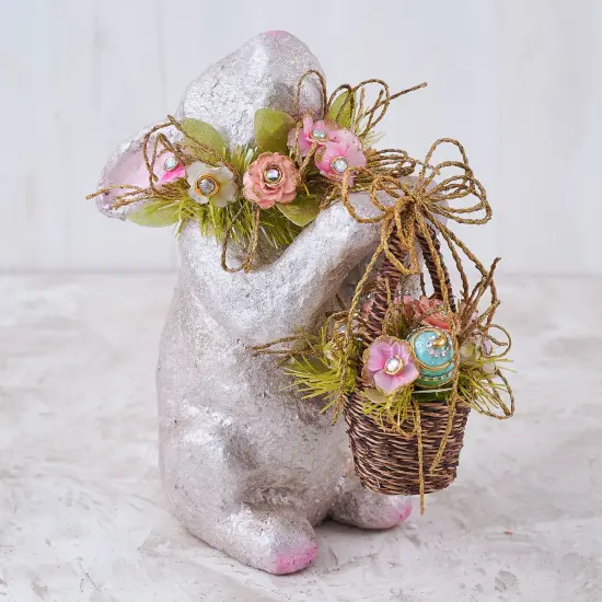 Easter Decorations - Easter Bunny Capiz Floral Bunny with Wicker Basket Centerpiece {1}
