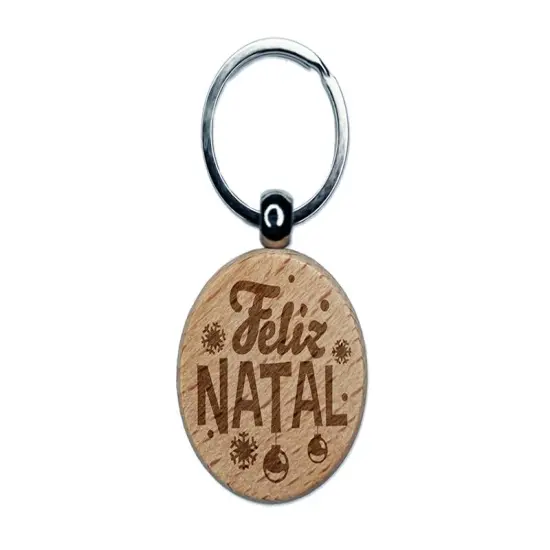 Feliz Natal Portuguese with Christmas Ornaments and Snowflakes Engraved Wood Round Keychain Tag Charm {1}