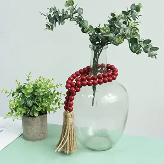 39 inches Wood Bead Garland Farmhouse with Tassels,Versatile Prayer Beads Boho Chic Wall Hanging Home Decor (Burgundy) {6}